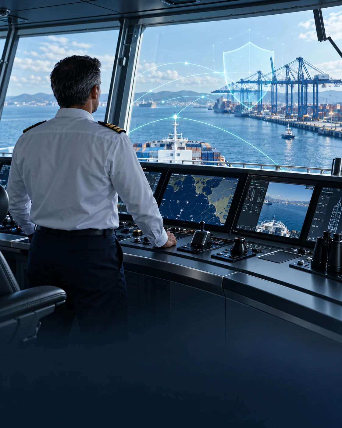 AI-generated maritime cybersecurity illustration: secure vessel bridge and ship-to-shore network