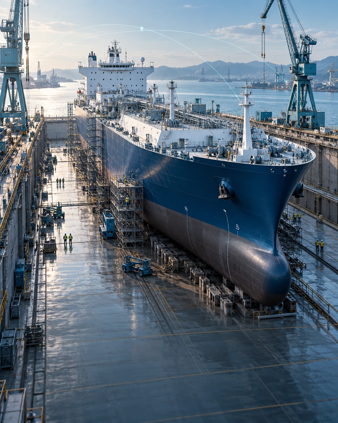 AI-generated maritime illustration: commercial vessel in a modern drydock