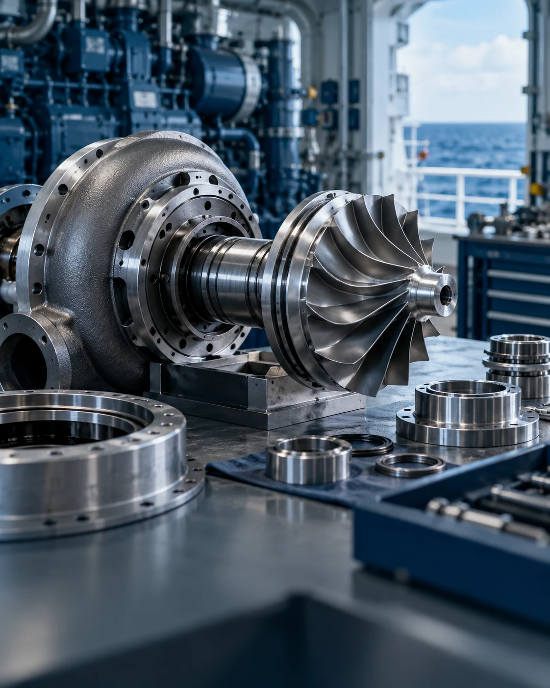 AI-generated marine spares illustration: precision-engineered turbocharger and steel components