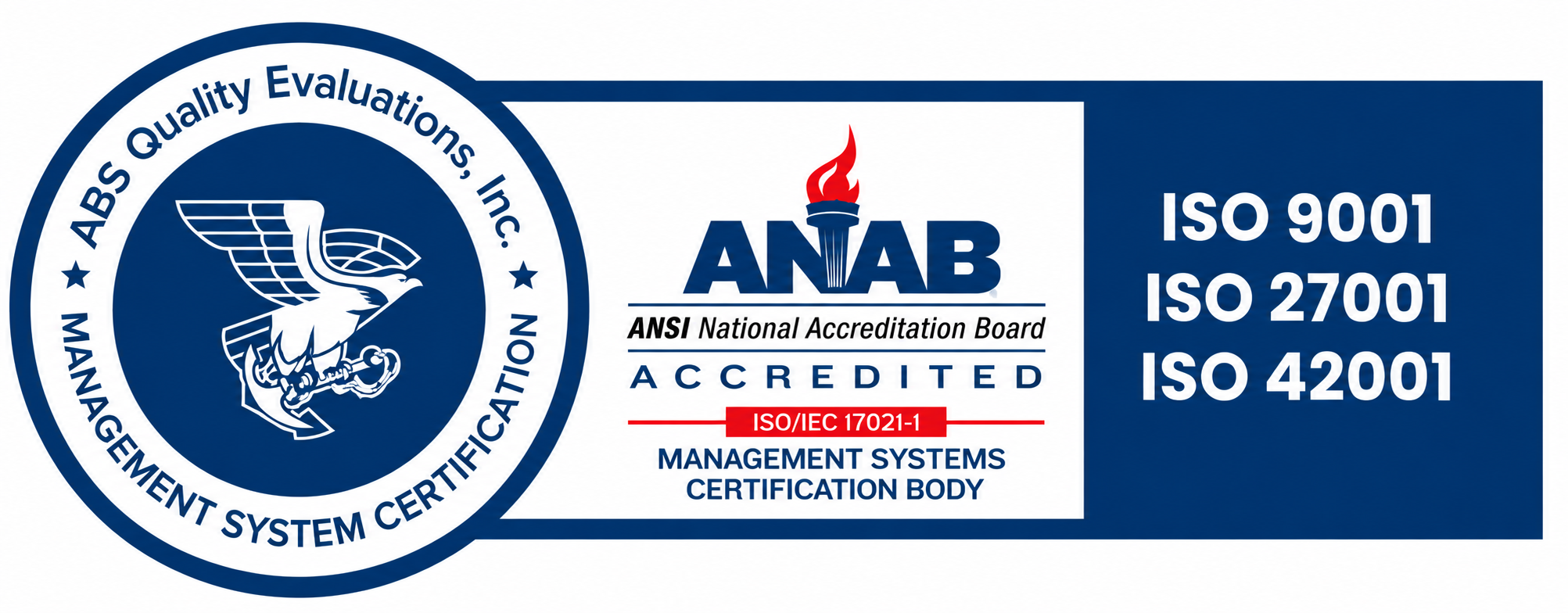 ABS Quality Evaluations and ANAB management systems mark — ISO 9001, ISO 27001 and ISO 42001