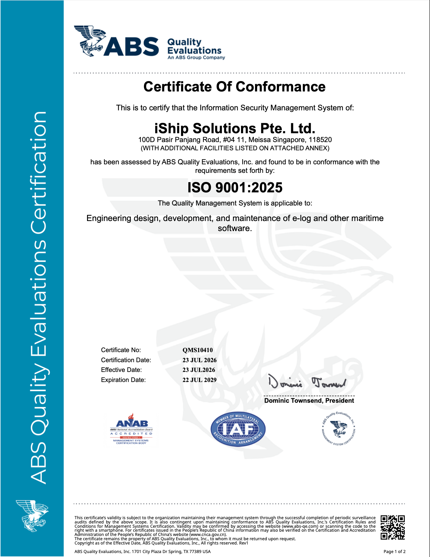iShip Solutions Pte. Ltd. — supplied ABS Quality Evaluations Certificate of Conformance