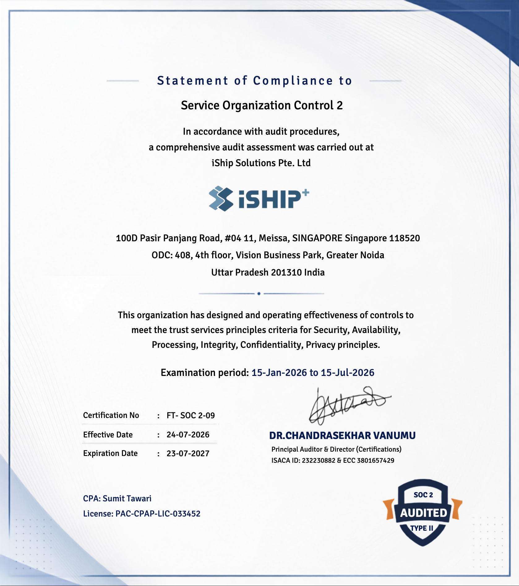 iShip Solutions Pte. Ltd. — supplied SOC 2 Statement of Compliance
