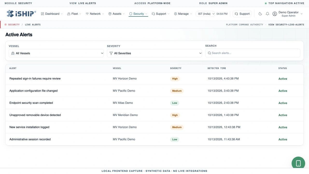 iSHIP Command Center security alerts interface showing vessel detections and investigation context