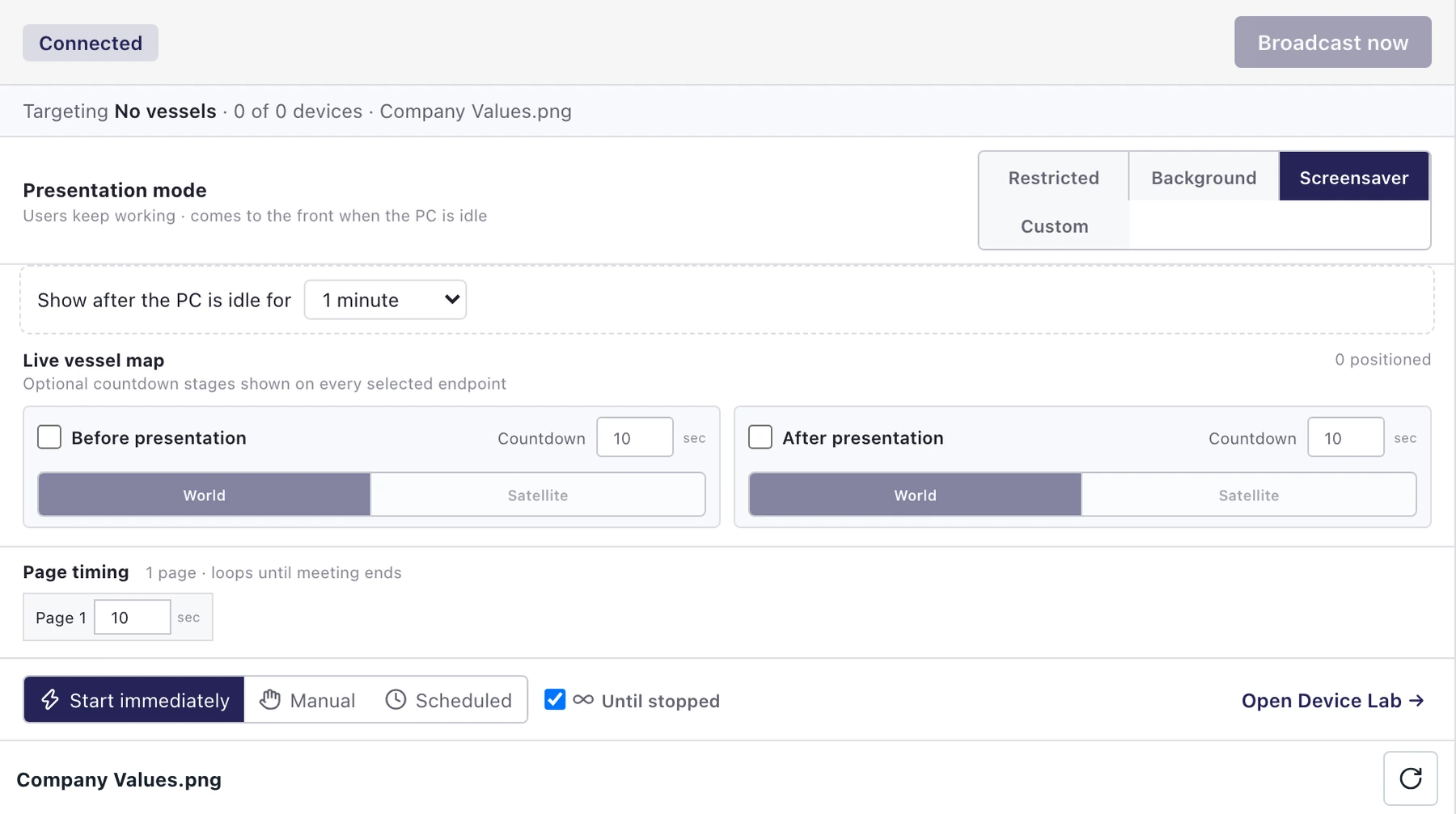 IBS broadcast workspace showing presentation modes, playback timing and endpoint controls