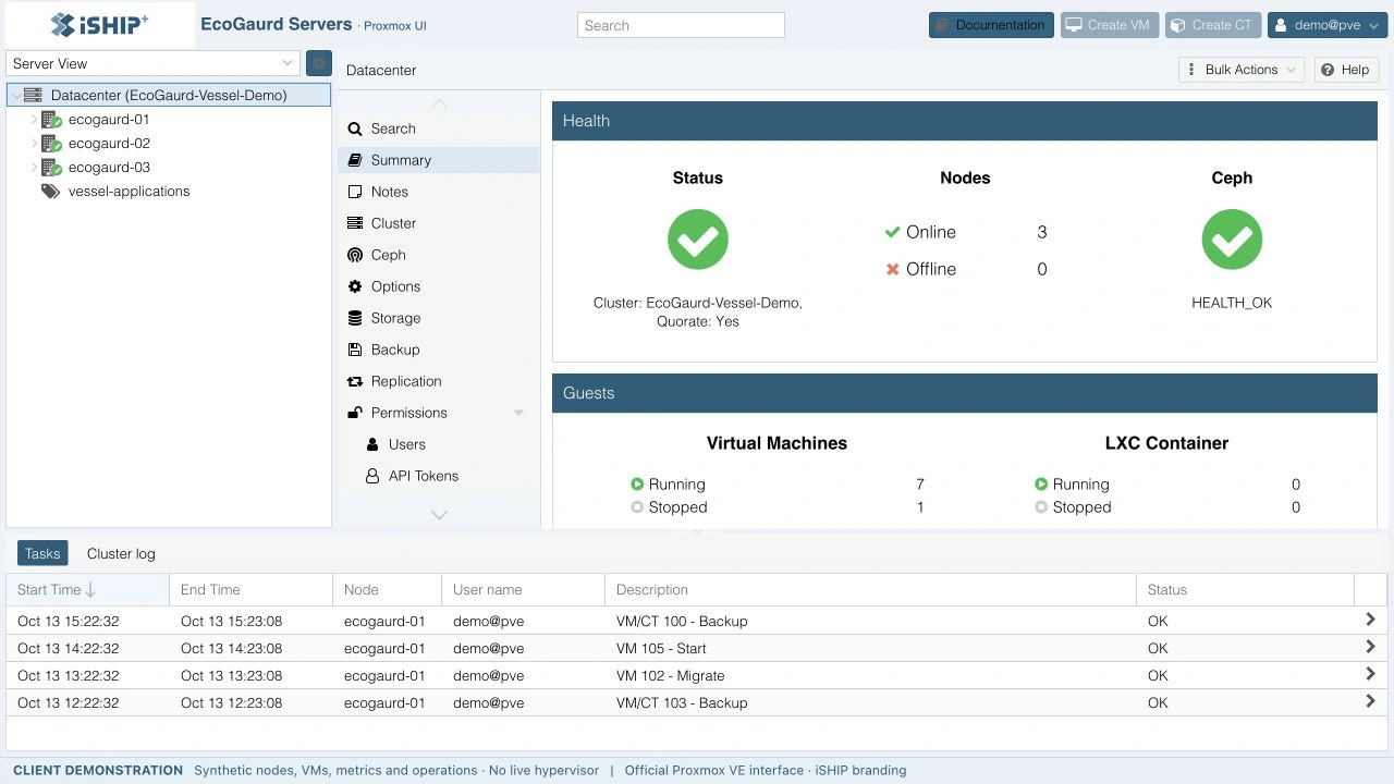 Proxmox server platform console from the supplied local demonstration